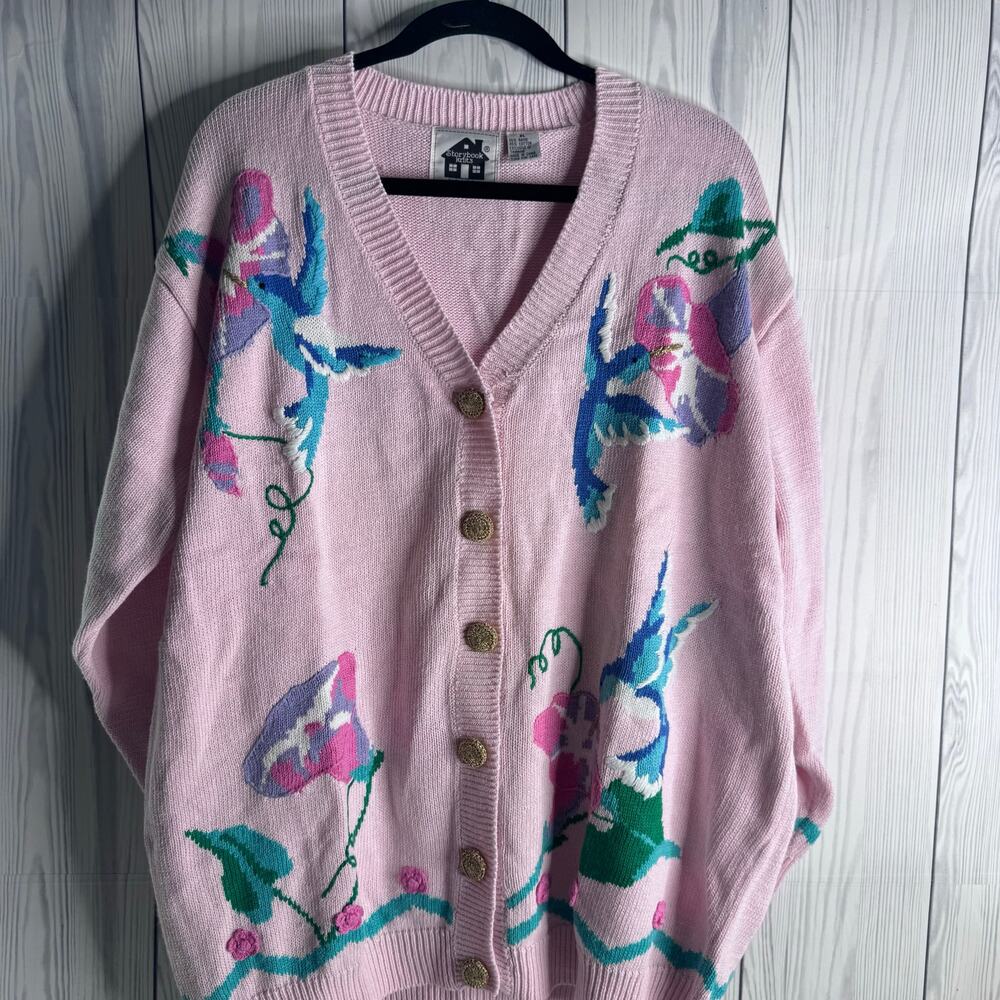 Vtg Storybook Knits Women’s XLarge Cardigan Hummingbirds Flowers Cottagecore 90s